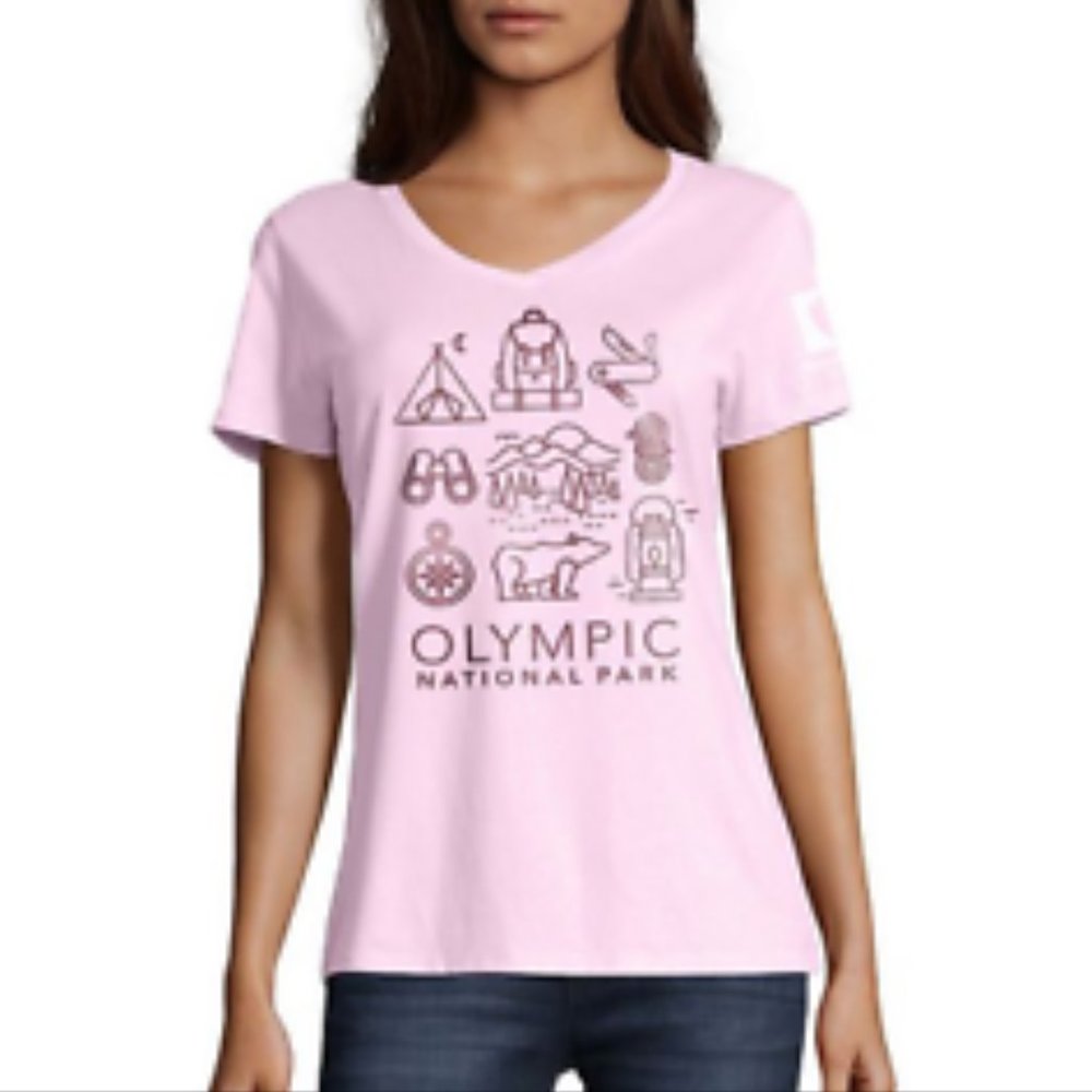 Olympic National Park Graphic Pink Tee V Neck SZM